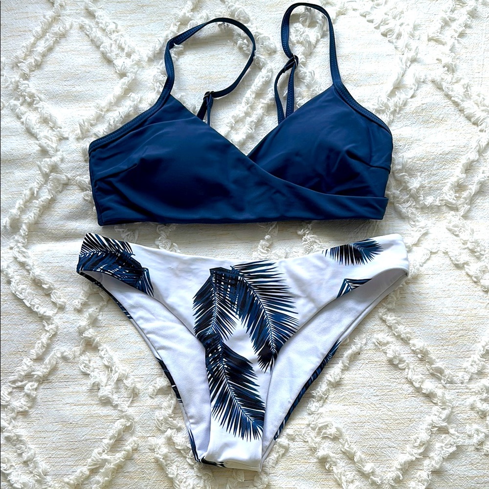 Navy Palm Bikini - Criss Cross Top Cheeky Bottoms